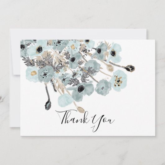 Blaue und graue Aquarellblütenpfeifen Hochzeiten Dankeskarte (Vorderseite)