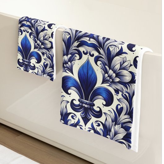 Blaue und graue Fleur de lis Badhandtuch Set