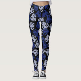 Blaue und graue Monstera-Blattmuster auf schwarz Leggings