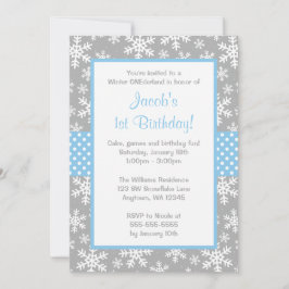 Blaue und graue Schneeflocken Winter Onederland Einladung