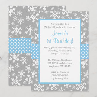 Blaue und graue Schneeflocken Winter Onederland Einladung