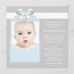 Blaue und graue Taufe Foto Baby Junge Einladung
