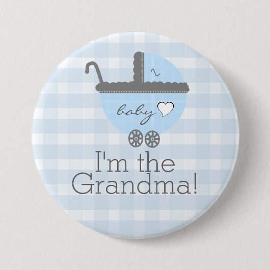 Blaue und graue Wagen-Gingham-Babyparty-Großmutter Button (Vorderseite)