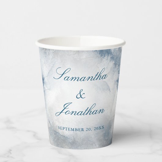 Blaue und graue Winterfarbe Hochzeitspapier-Tasse Pappbecher (Links)