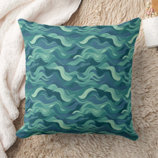 Blaue und grüne abstrakte Waves Kissen (Decke)