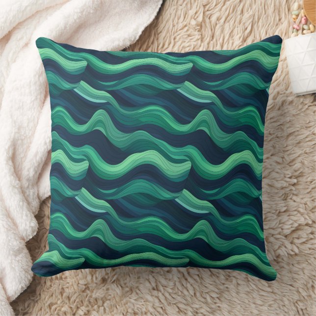 Blaue und grüne abstrakte Waves Kissen (Decke)