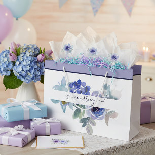 Blaue und grüne Aquarell-Blumen personalisiert Große Geschenktüte