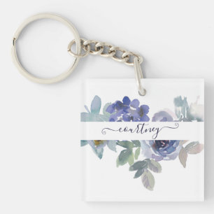 Blaue und grüne Aquarell-Blumen personalisiert Schlüsselanhänger