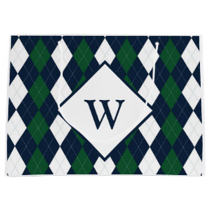 Blaue und grüne Argyle-Monogramm-Geschenktasche gr Große Geschenktüte