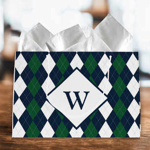 Blaue und grüne Argyle-Monogramm Große Geschenktüte