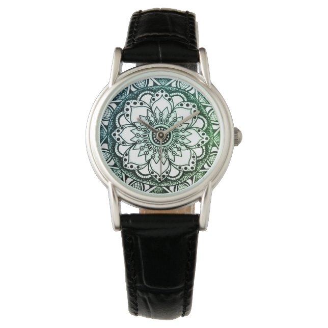 Blaue und grüne Blume Mandala eWatch Armbanduhr (Vorderseite)