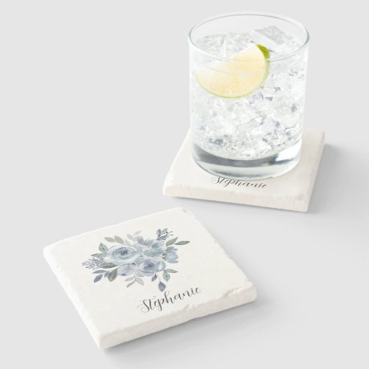 Blaue und grüne Blume Steinuntersetzer (Seitenansicht)