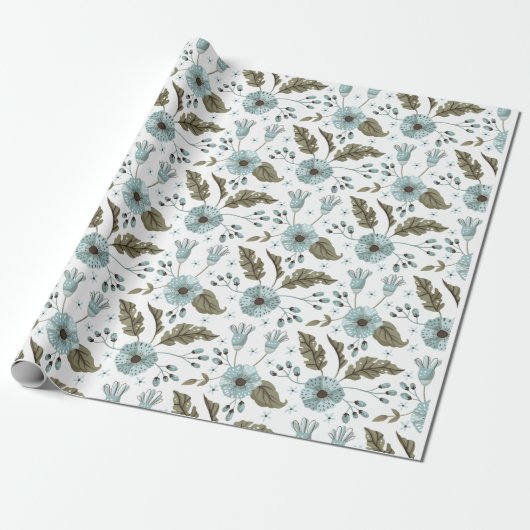 Blaue und grüne Blumen Geschenkpapier (Ungerollt)