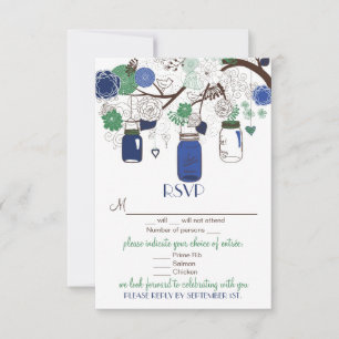 Blaue und grüne Blumen-Mason-Gläser RSVP Hochzeits Karte