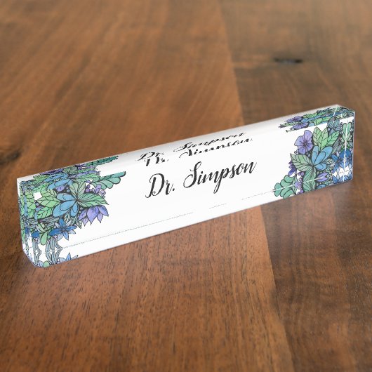 Blaue und grüne BlumenWasserfarbekunst Namensplakette (Seite)