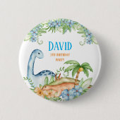 Blaue und grüne Blütenblüte Dinosaurier Geburtstag Button (Vorderseite)
