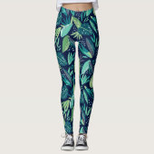 Blaue und grüne Botanische Blattmuster Leggings (Vorderseite)