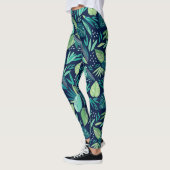 Blaue und grüne Botanische Blattmuster Leggings (Links)