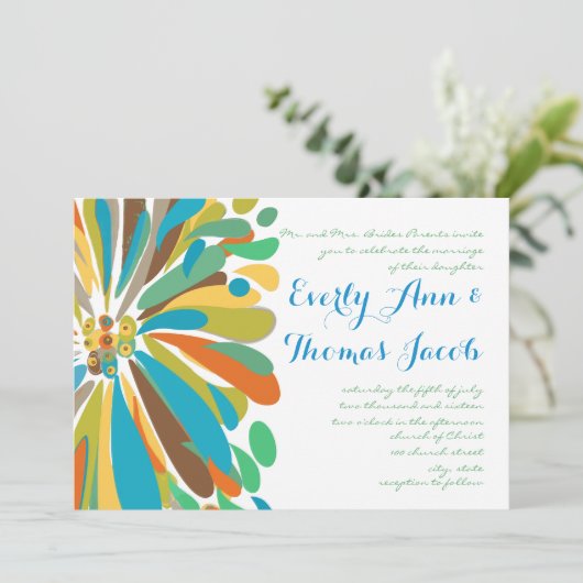 Blaue und grüne Chrysanthemum Hochzeitseinladung Einladung (Stehend Vorderseite)