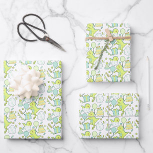 Blaue und grüne Dinosaurier zum Geburtstag Geschenkpapier Set