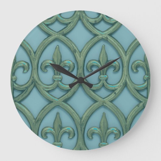 Blaue und grüne Fleur-de-lis Große Wanduhr (Vorderseite)