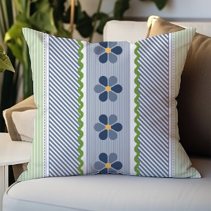 Blaue und grüne florale diagonale Streifen Kissen