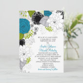 Blaue und grüne Frühlingsblumen Hochzeitseinladung Einladung (Stehend Vorderseite)
