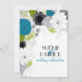 Blaue und grüne Frühlingsblumen Hochzeitseinladung Einladung (Rückseite)