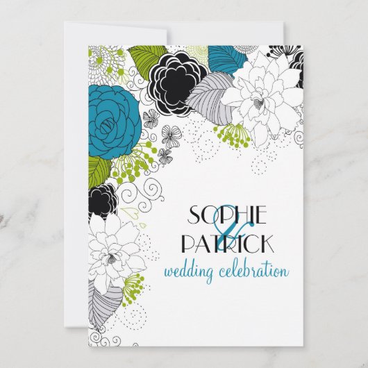 Blaue und grüne Frühlingsblumen Hochzeitseinladung Einladung (Rückseite)