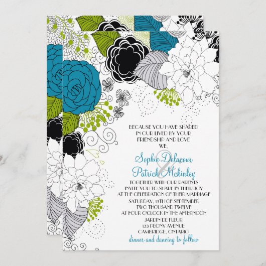 Blaue und grüne Frühlingsblumen Hochzeitseinladung Einladung (Vorne/Hinten)