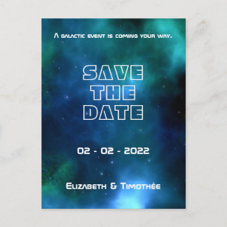 Blaue und grüne Galaxie-Hochzeit retten das Datum Ankündigungspostkarte