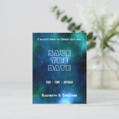 Blaue und grüne Galaxie-Hochzeit retten das Datum Ankündigungspostkarte (Stehend Vorderseite)