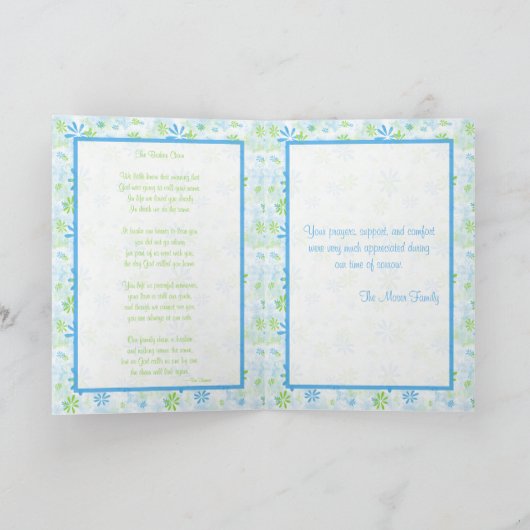 Blaue und grüne Gedenkkarte mit Foto Ankündigung (Innenseite)