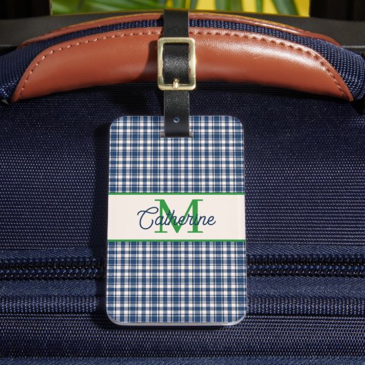 Blaue und grüne Gingham-Karo-Tartan-Monogramm Gepäckanhänger (Vorderseite Insitu 2)