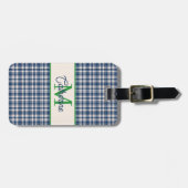 Blaue und grüne Gingham-Karo-Tartan-Monogramm Gepäckanhänger (Vorderseite horizontal)