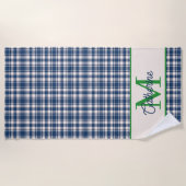 Blaue und grüne Gingham-Karo-Tartan-Monogramm Strandtuch (Vorderseite)