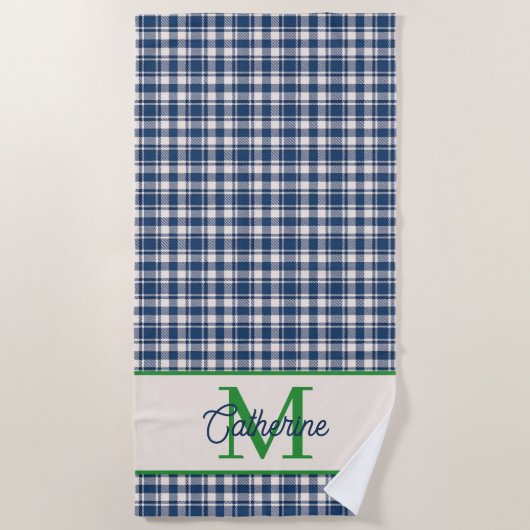Blaue und grüne Gingham-Karo-Tartan-Monogramm Strandtuch (Vorderseite)
