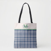 Blaue und grüne Gingham-Karo-Tartan-Monogramm Tasche (Vorderseite)