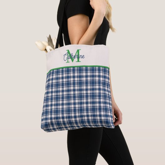 Blaue und grüne Gingham-Karo-Tartan-Monogramm Tasche (Von Nahem)