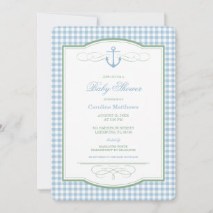 Blaue und grüne Gingham-Preppy-Küsten-Baby-Party Einladung