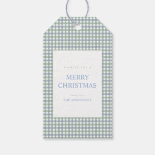 Blaue und grüne Gingham-Weihnachten Geschenkanhänger