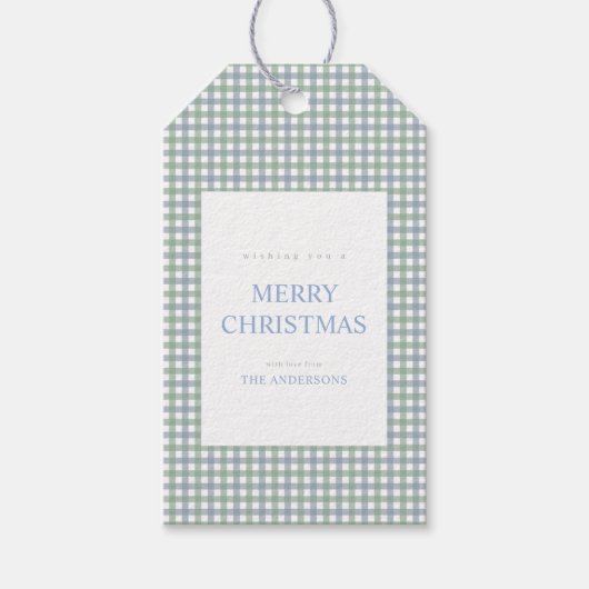 Blaue und grüne Gingham-Weihnachten Geschenkanhänger (Vorderseite)