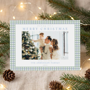 Blaue und grüne Gingham-Weihnachtsfoto Feiertagskarte