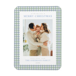 Blaue und grüne Gingham-Weihnachtsfoto Magnet