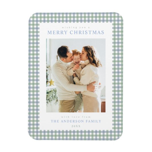 Blaue und grüne Gingham-Weihnachtsfoto Magnet (Vertikal)