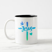 Blaue und grüne Gradienten Jesus kreuzen Christlic Zweifarbige Tasse (Links)