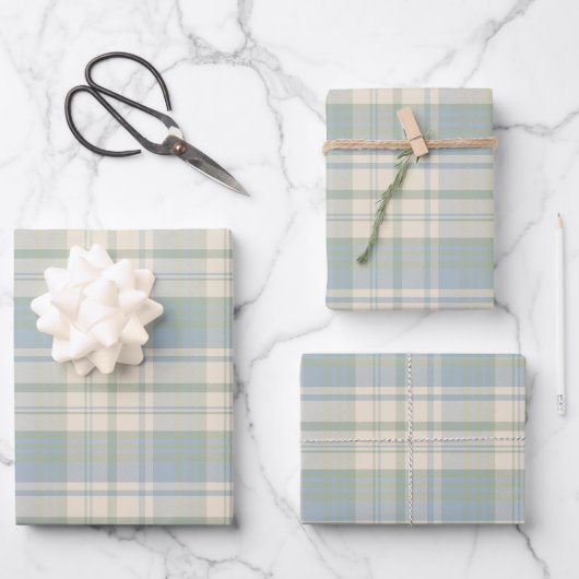 Blaue und grüne grandmillennial Karomuster Geschenkpapier Set (Vorderseite)