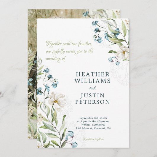 Blaue und grüne klassische Hochzeit Einladung (Vorne/Hinten)