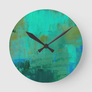 Blaue und grüne Malerei-Wand-Uhr-abstrakte Kunst Runde Wanduhr