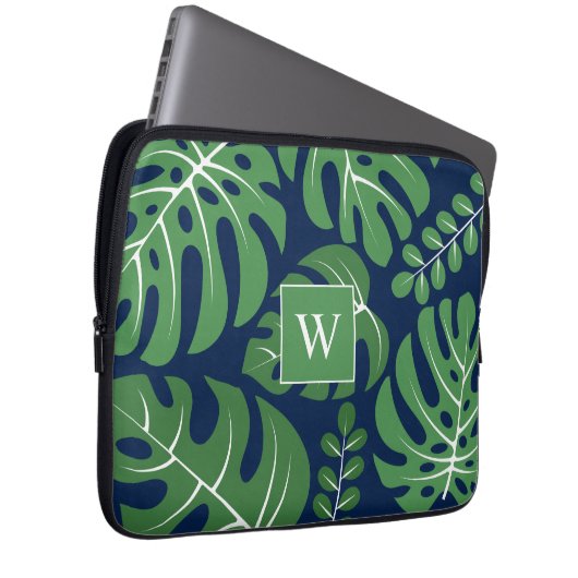 Blaue und grüne Mit Monogramm Monstera-Blätter Laptopschutzhülle (Vorne Rechts)